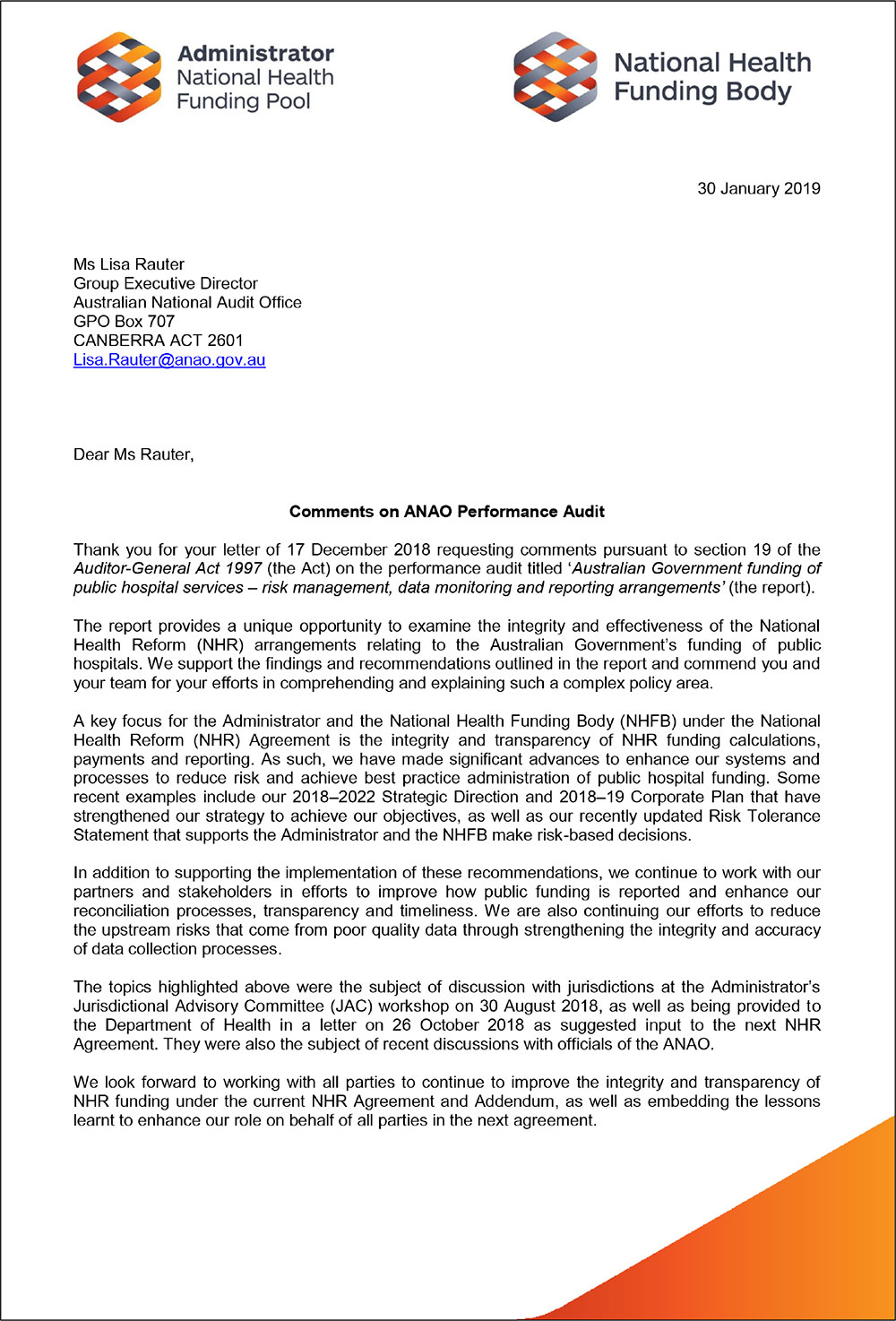 National Health Funding Body response page 1 National Health Funding Body response page 1