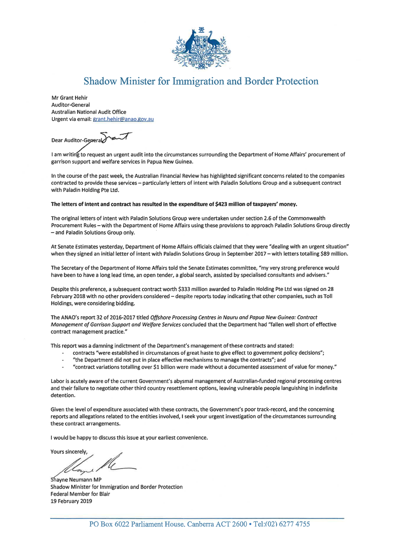 Request for audit letter about procurement of garrison support and welfare services in Papua New Guinea. Request for audit letter about procurement of garrison support and welfare services in Papua New Guinea.