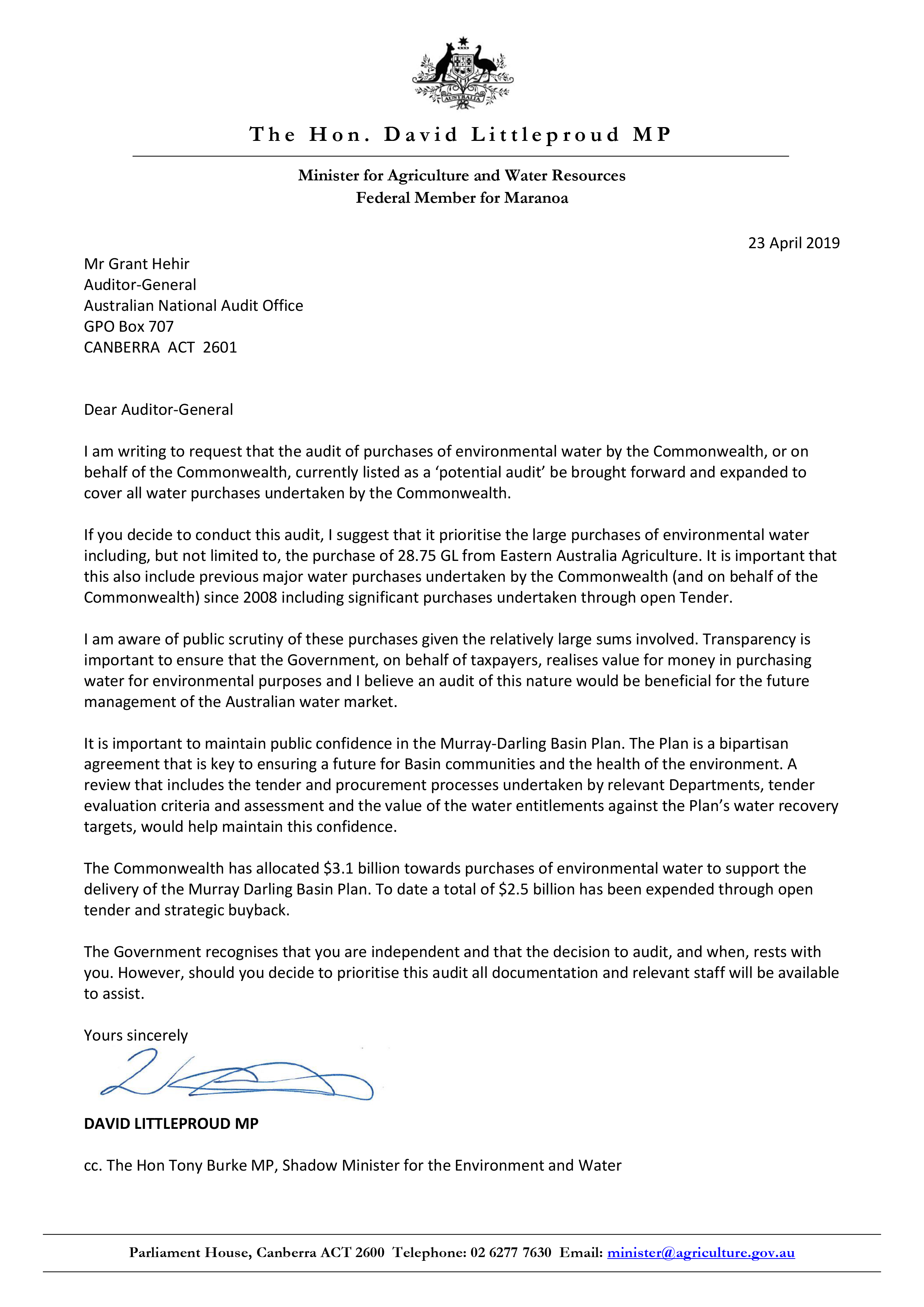 Request for audit from the Hon. David Littleproud MP (23 April 2019) Request for audit from the Hon. David Littleproud MP (23 April 2019)