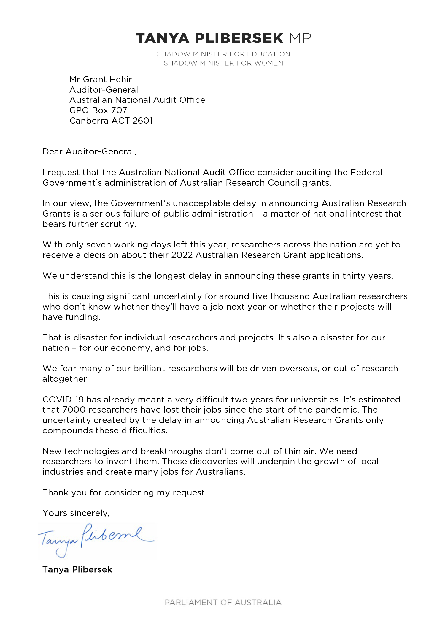 An image of the correspondence from the Hon Tanya Plibersek MP. You can find a transcript of the correspondence on this page. An image of the correspondence from the Hon Tanya Plibersek MP. You can find a transcript of the correspondence on this page.
