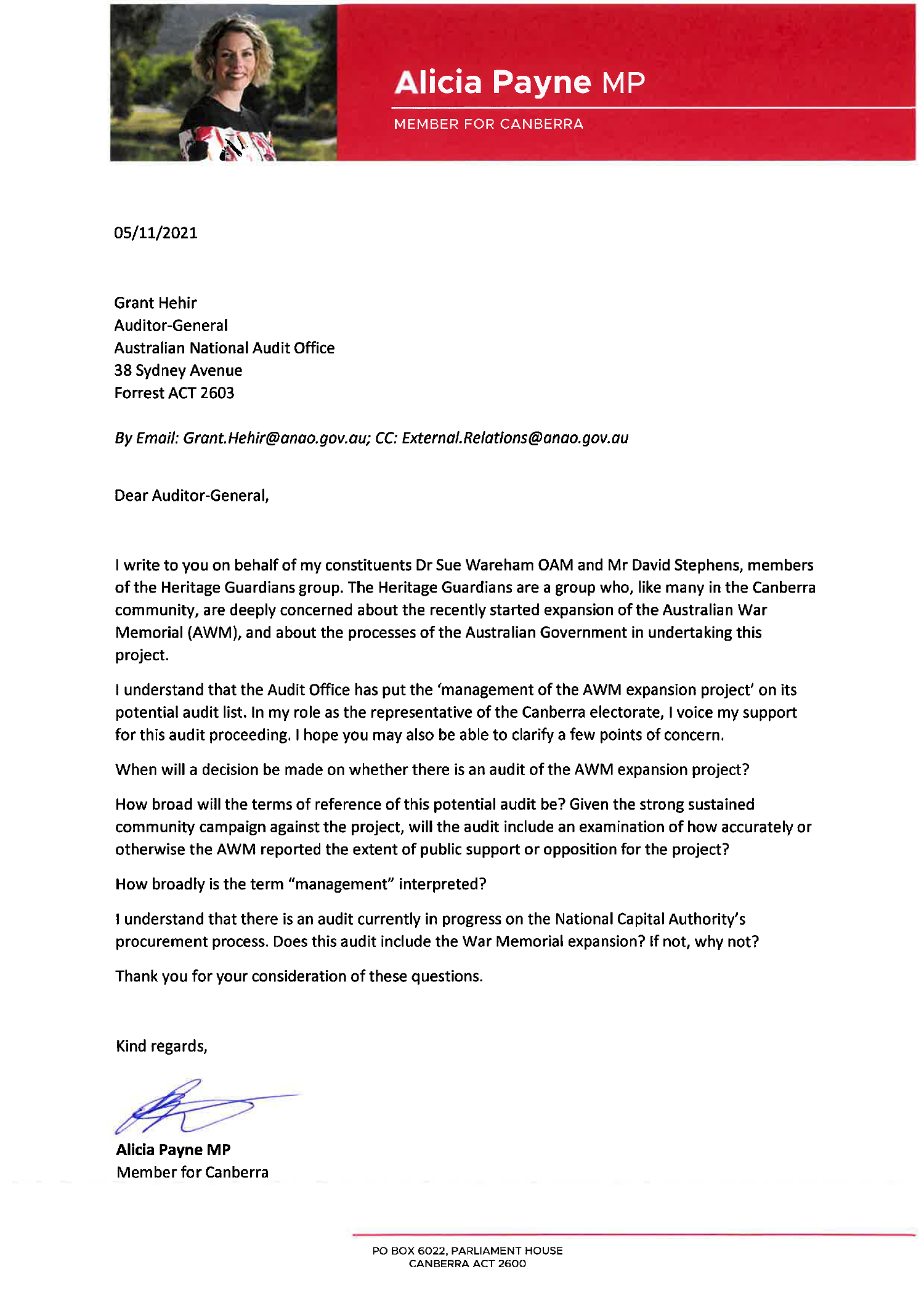 Correspondence from Ms Alicia Payne MP. You can find a transcript of the correspondence on this page. 
