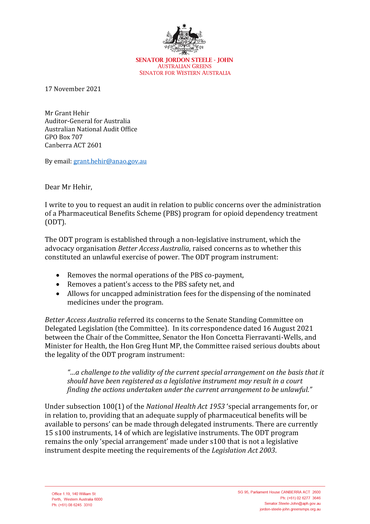 First page of correspondence from Senator Jordan Steele-John. You can find a transcript of correspondence on this page. First page of correspondence from Senator Jordan Steele-John. You can find a transcript of correspondence on this page.