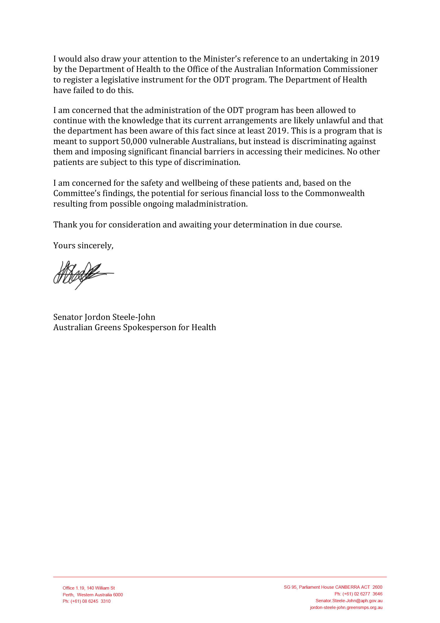 Second page of correspondence from Senator Jordan Steele-John. You can find a transcript of correspondence on this page. Second page of correspondence from Senator Jordan Steele-John. You can find a transcript of correspondence on this page.