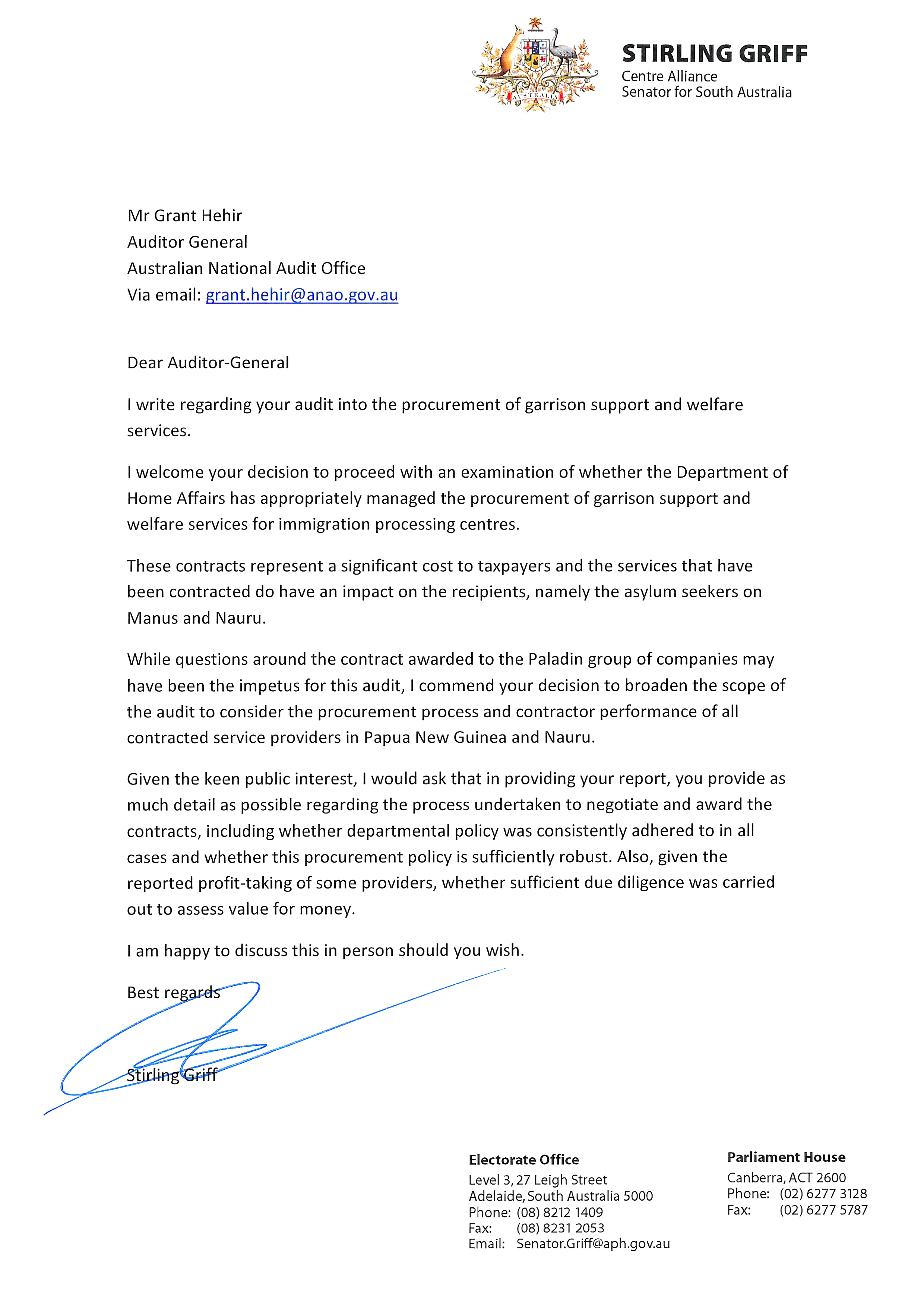 Request for audit from Senator Griff (11 April 2019) Request for audit from Senator Griff (11 April 2019)
