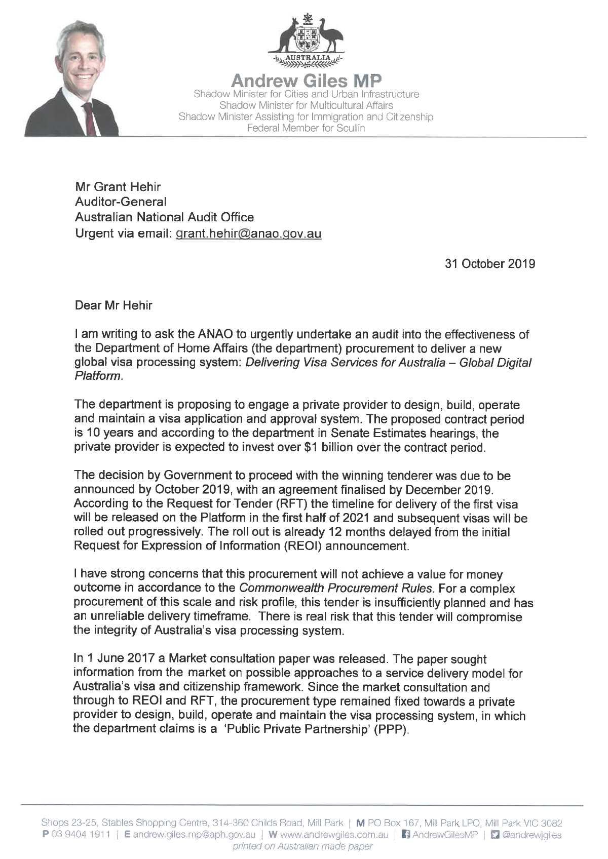 Page 1 of correspondence from Mr Andrew Giles MP. See transcript on page for text. Page 1 of correspondence from Mr Andrew Giles MP. See transcript on page for text.