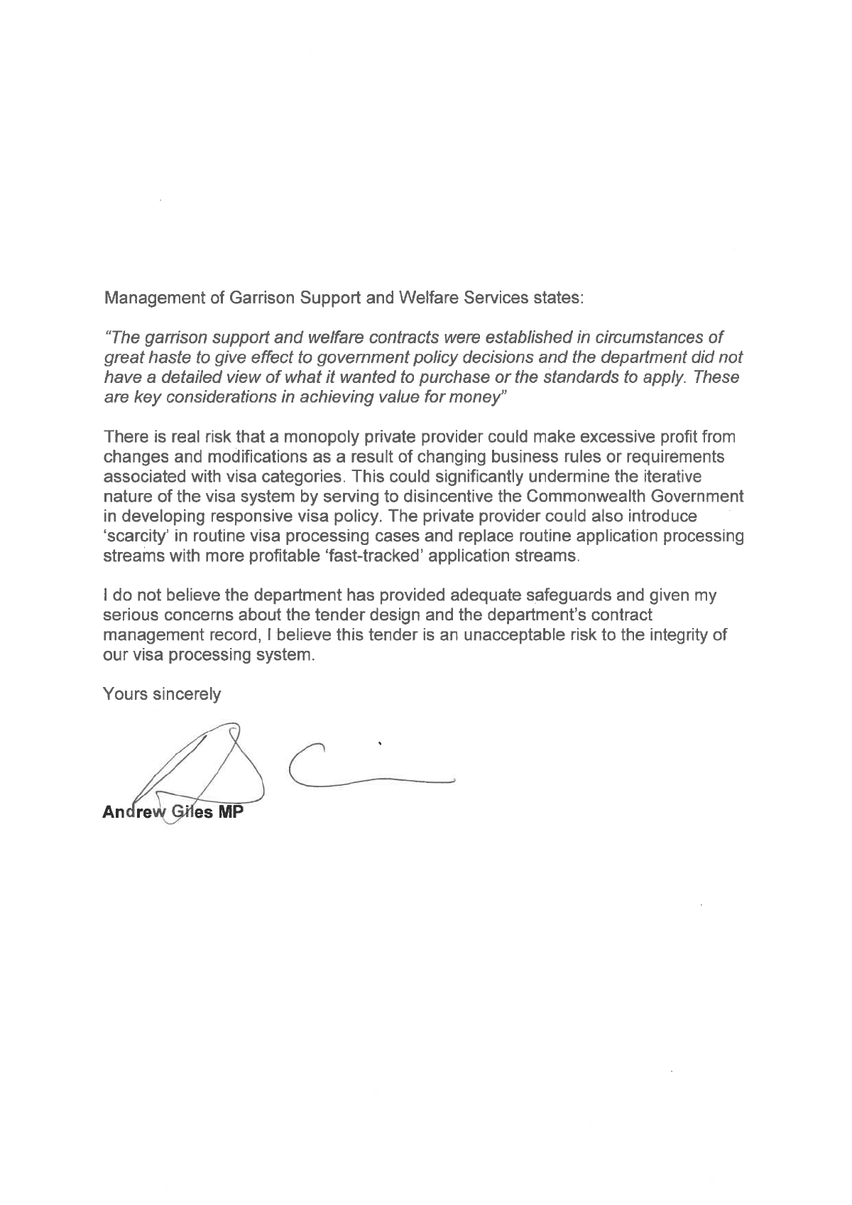 Page 3 of correspondence from Mr Andrew Giles MP. See transcript on page for text. Page 3 of correspondence from Mr Andrew Giles MP. See transcript on page for text.