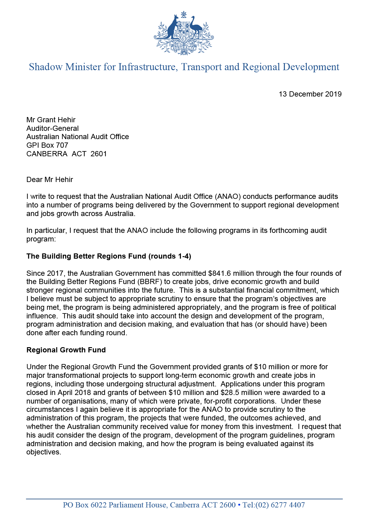 Page 1 of correspondence from the Hon Catherine King MP Page 1 of correspondence from the Hon Catherine King MP