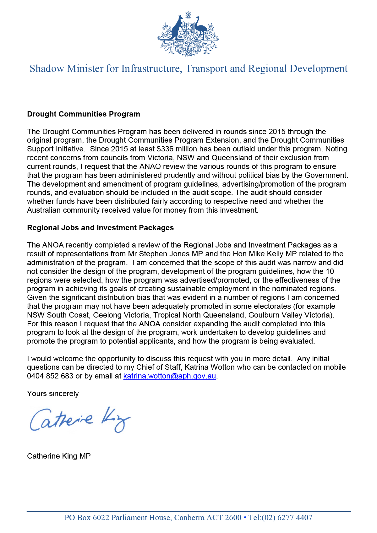 Page 2 of correspondence from the Hon Catherine King MP Page 2 of correspondence from the Hon Catherine King MP