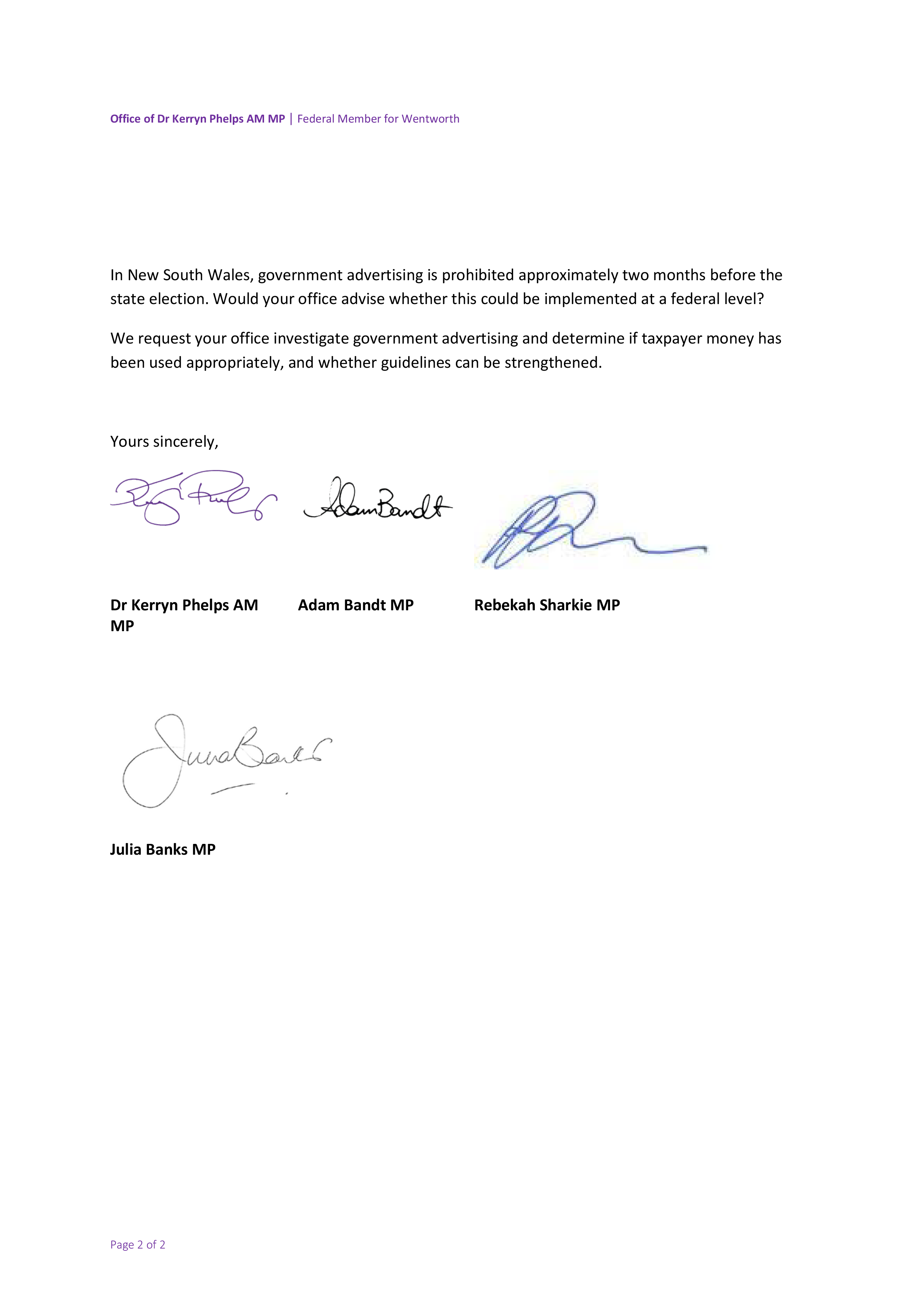 Request for audit from Dr Kerryn Phelps AM, MP regarding government advertising, page 2 Request for audit from Dr Kerryn Phelps AM, MP regarding government advertising, page 2
