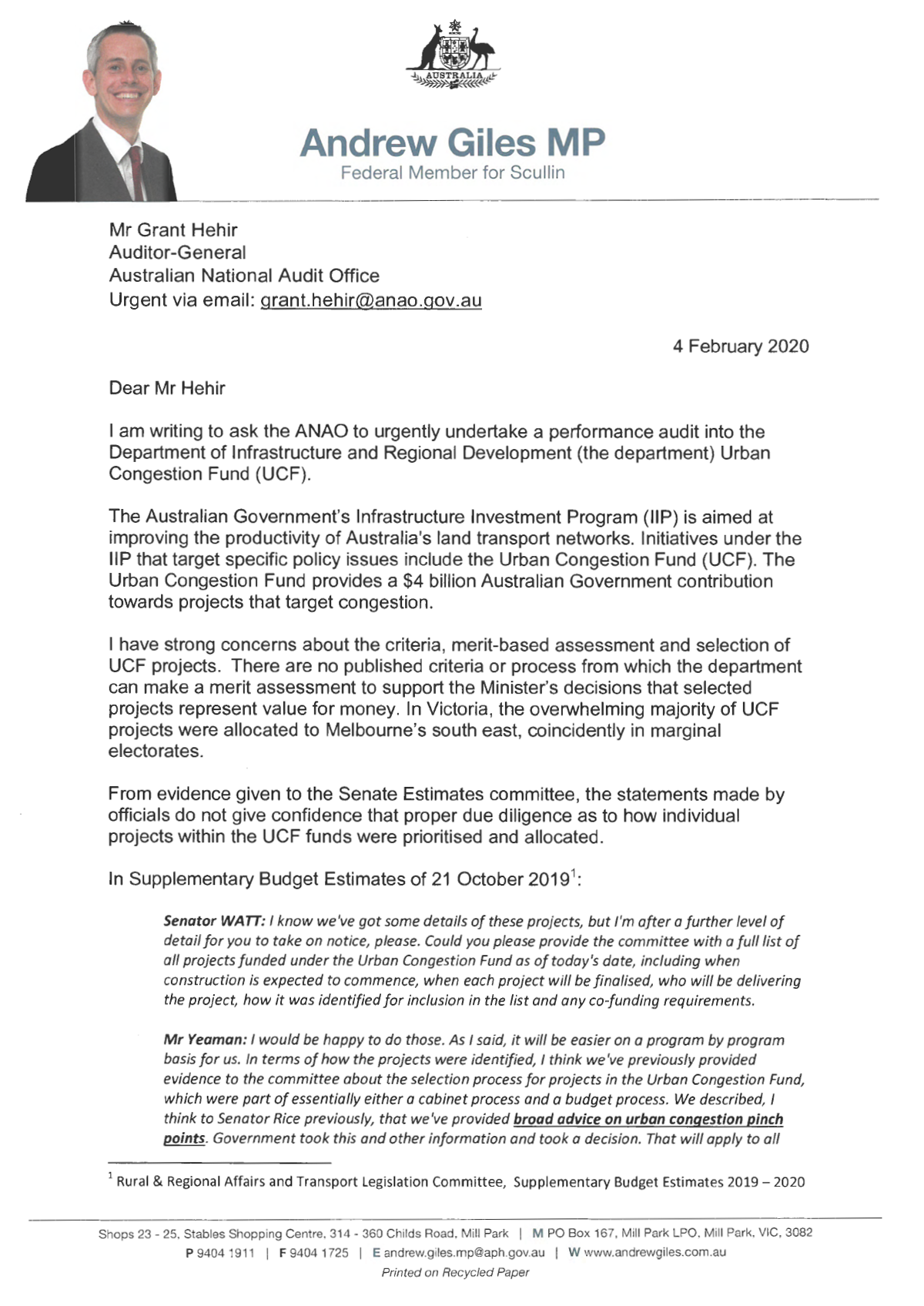 Page 1 of correspondence from Mr Andrew Giles MP about the Urban Congestion Fund Page 1 of correspondence from Mr Andrew Giles MP about the Urban Congestion Fund