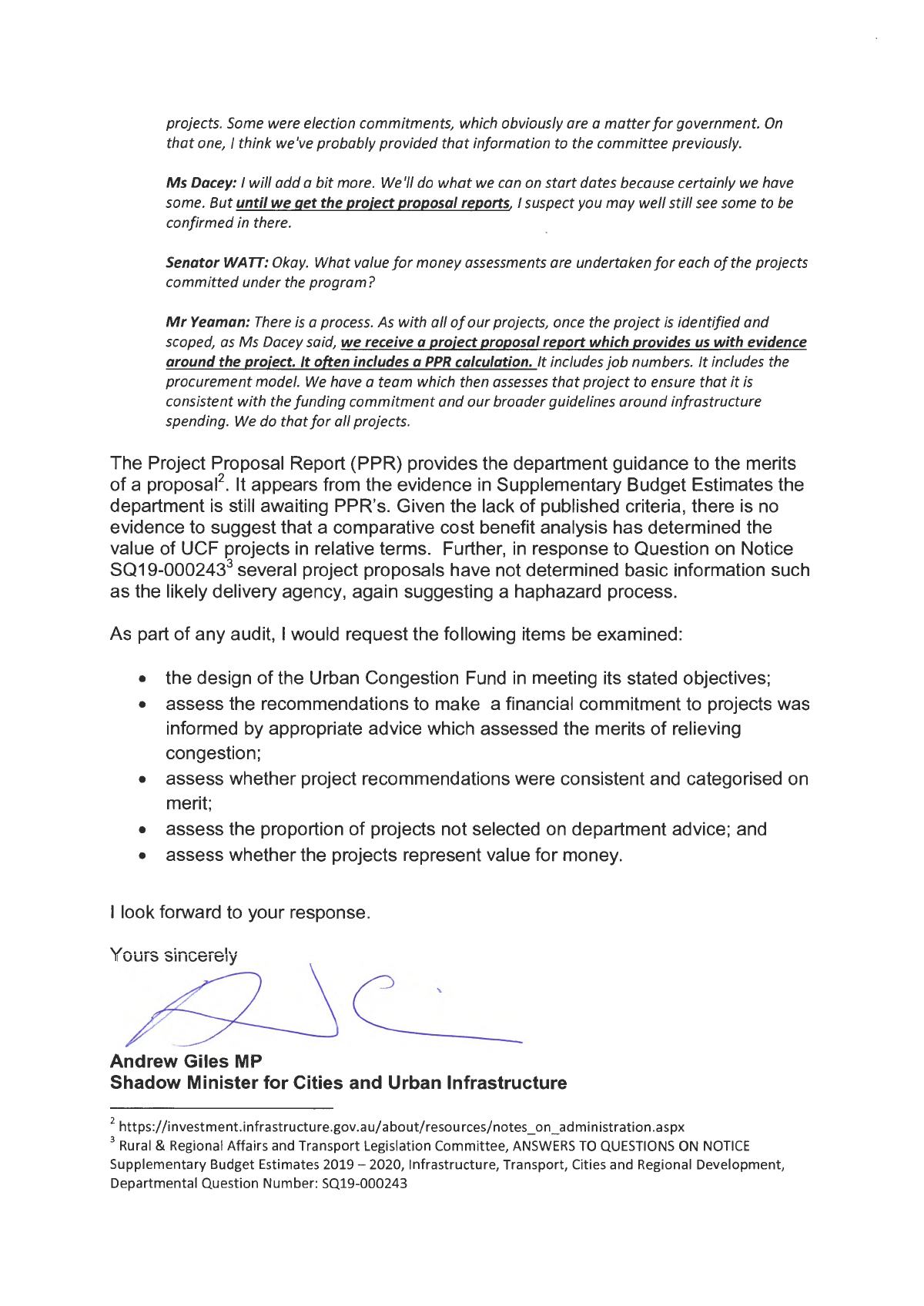 Page 2 of correspondence from Mr Andrew Giles MP about the Urban Congestion Fund Page 2 of correspondence from Mr Andrew Giles MP about the Urban Congestion Fund