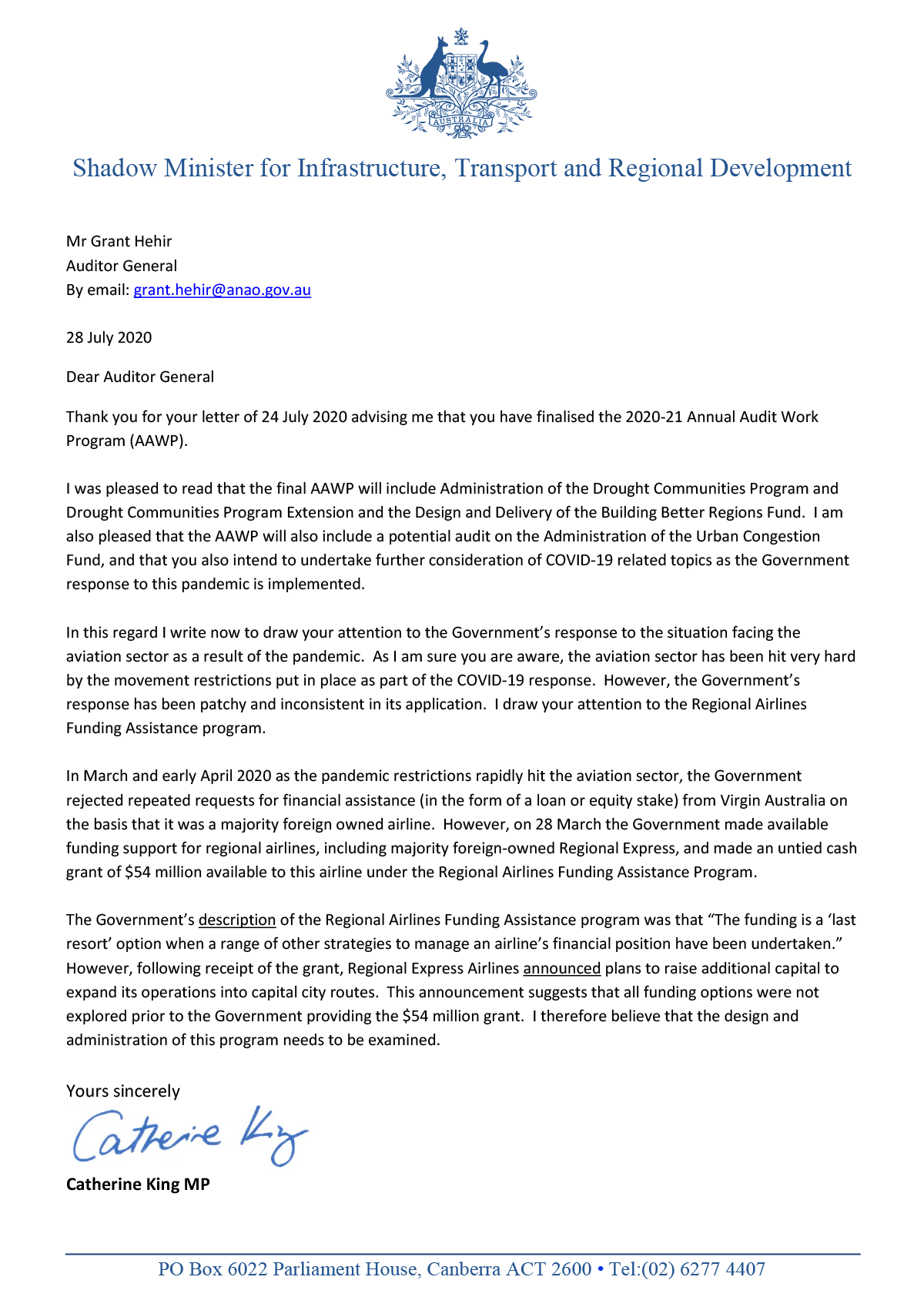 Correspondence from the Hon Catherine King MP on 28 July 2020 Correspondence from the Hon Catherine King MP on 28 July 2020