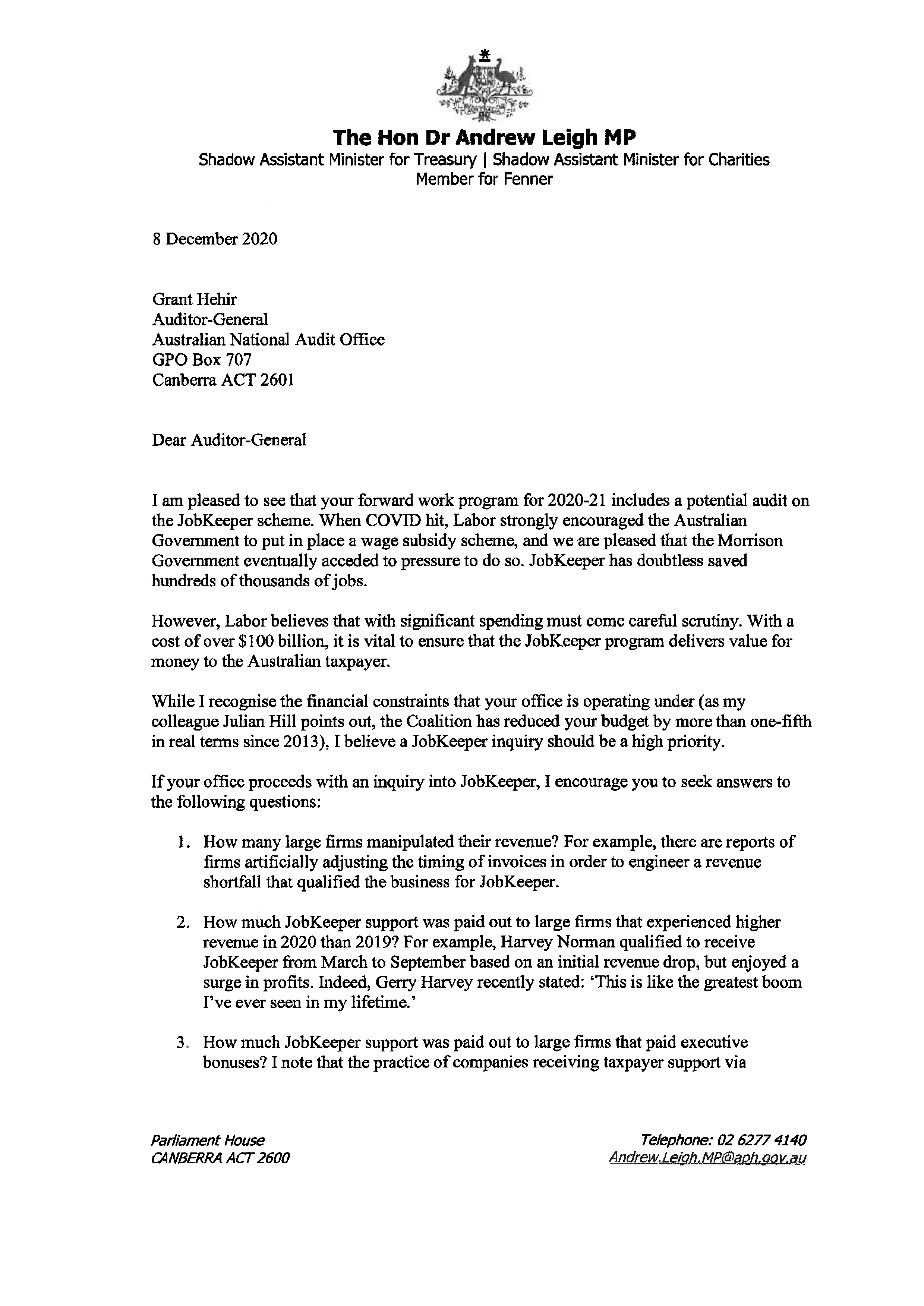 Page one of correspondence from the Hon Dr Andrew Leigh MP. A transcript of this correspondence is contained on this page.