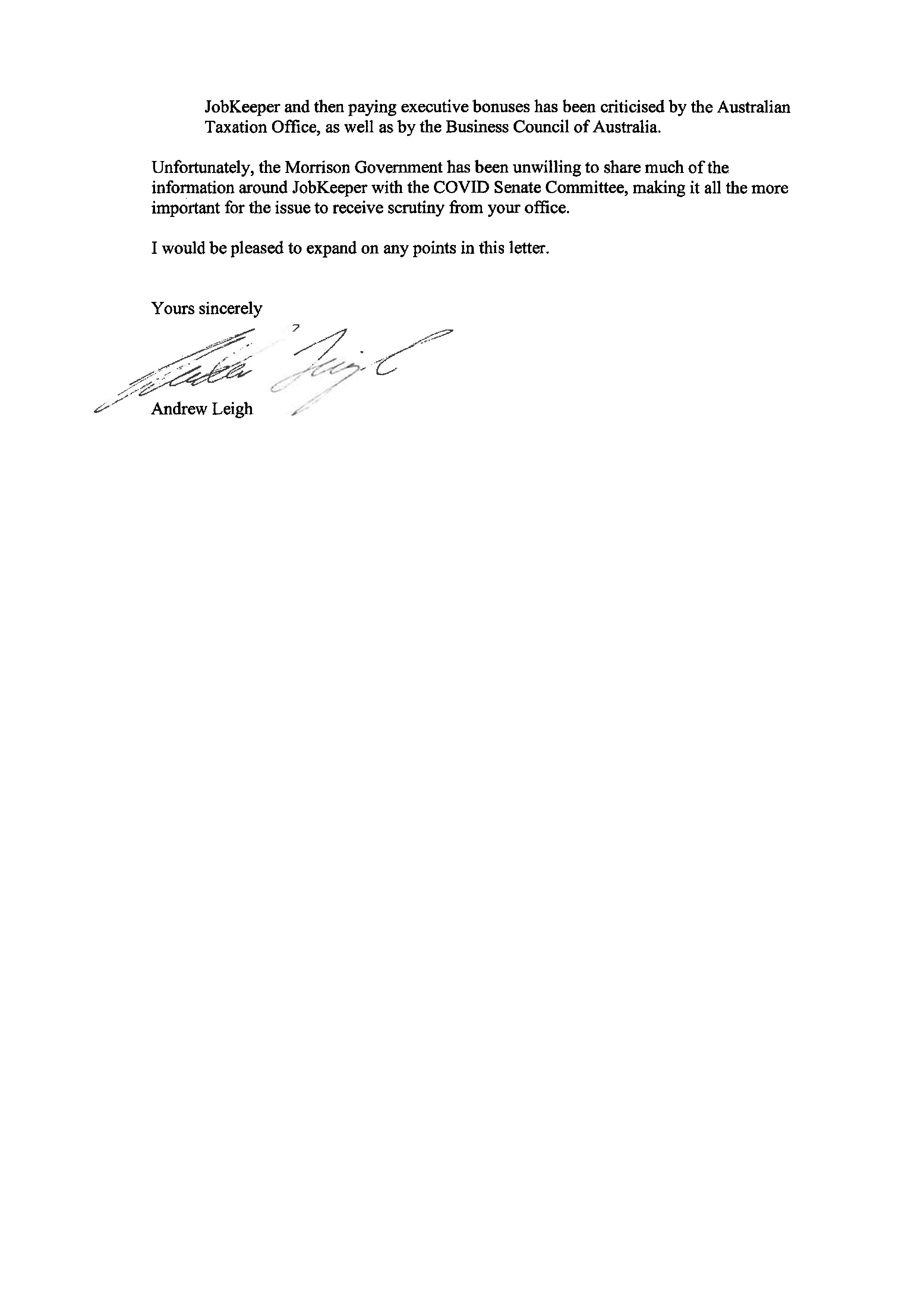 Page two of correspondence from the Hon Dr Andrew Leigh MP. A transcript of this correspondence is contained on this page.