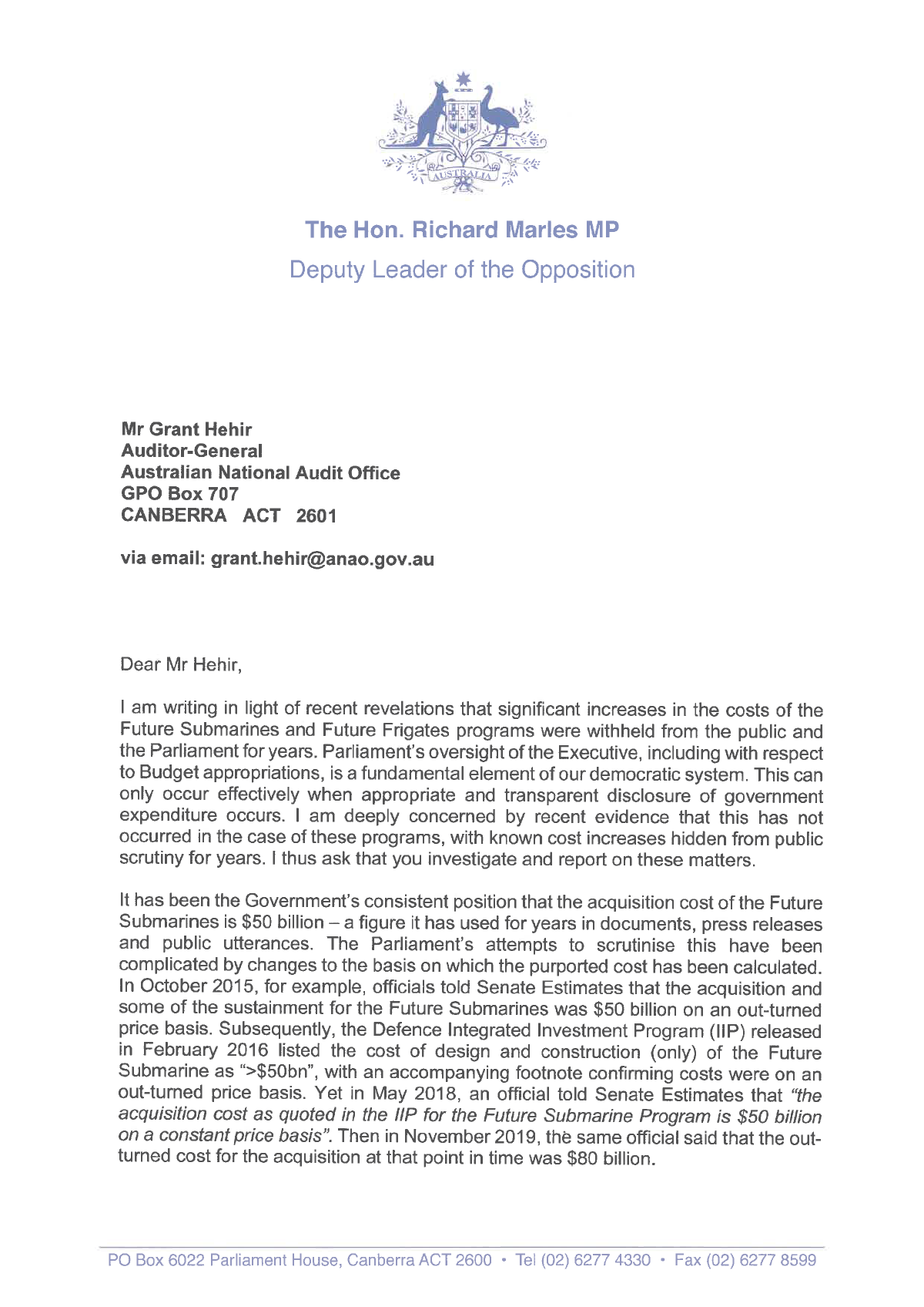 Page 1 of correspondence from the Hon Richard Marles MP. See transcript below for details. Page 1 of correspondence from the Hon Richard Marles MP. See transcript below for details.