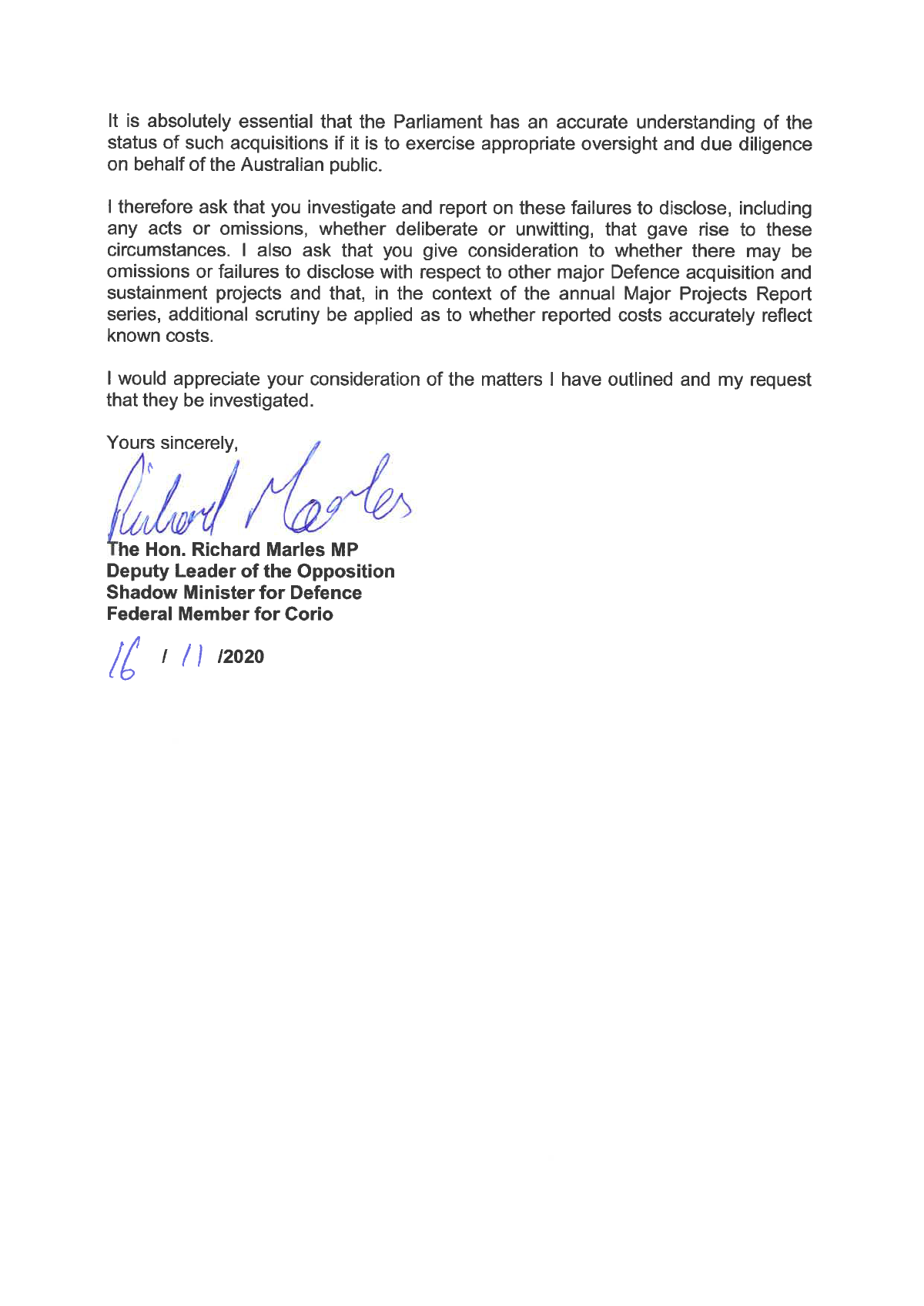 Page 3 of correspondence from the Hon Richard Marles MP. See transcript below for details. Page 3 of correspondence from the Hon Richard Marles MP. See transcript below for details.