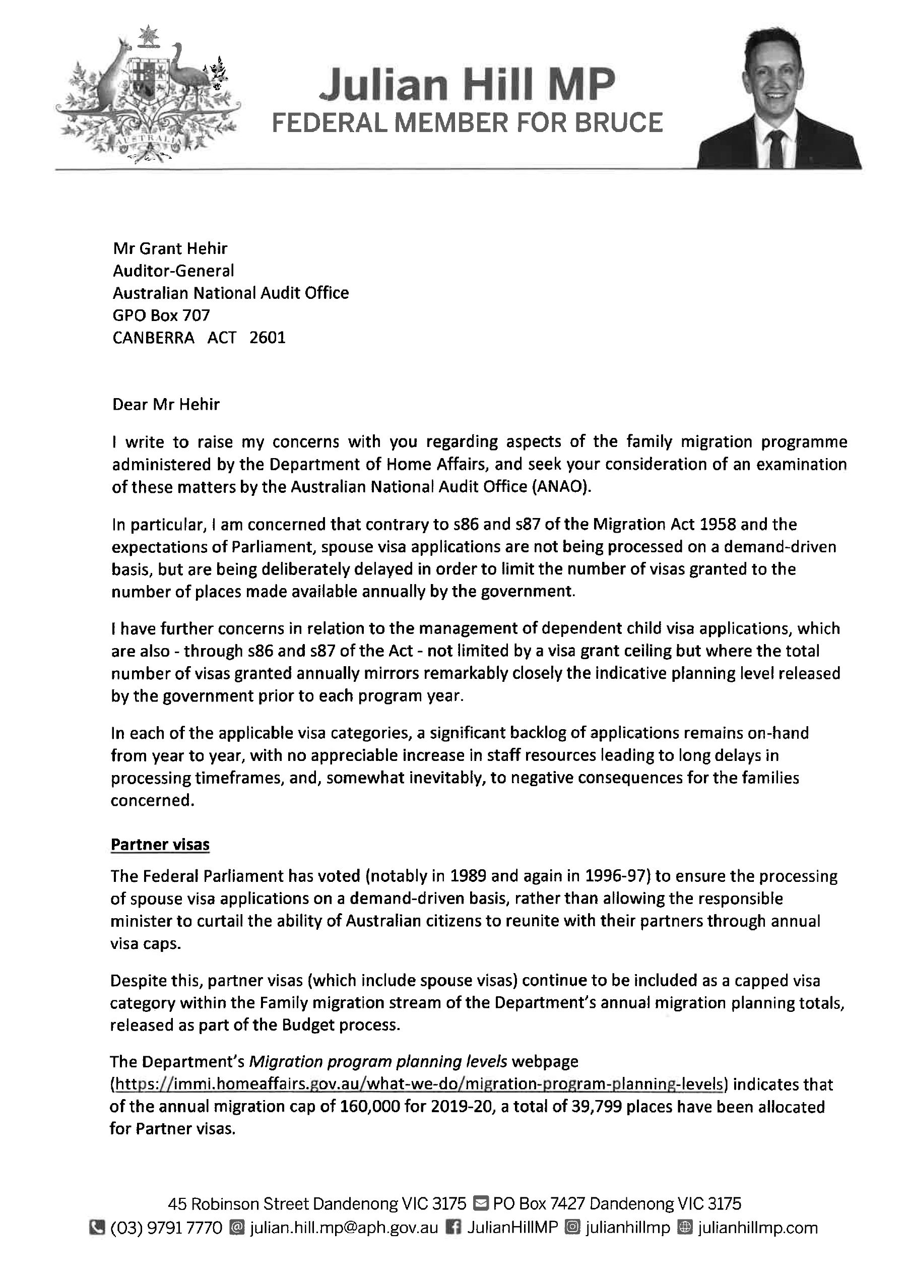 Request for audit from Mr Julian Hill MP (page 1) Request for audit from Mr Julian Hill MP (page 1)