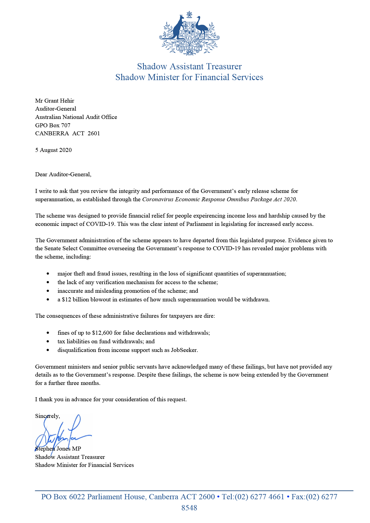 Correspondence from Mr Stephen Jones MP on 5 August 2020 Correspondence from Mr Stephen Jones MP on 5 August 2020