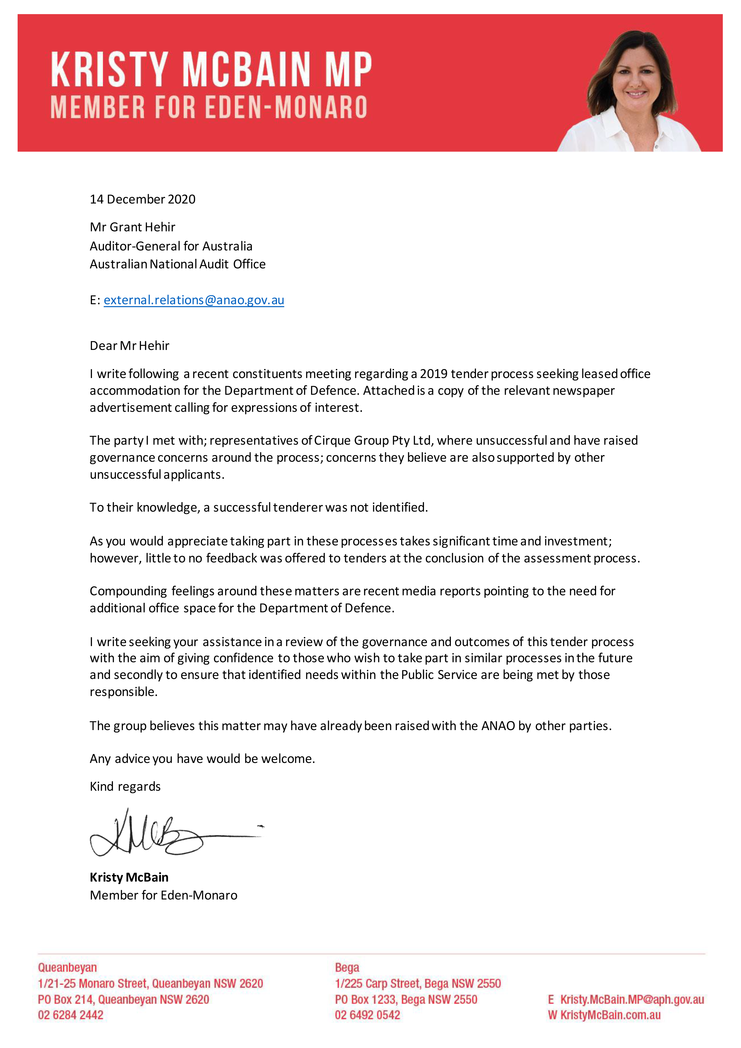 Correspondence from Ms Kristy McBain MP. A transcript of this correspondence is contained on this page. Correspondence from Ms Kristy McBain MP. A transcript of this correspondence is contained on this page.