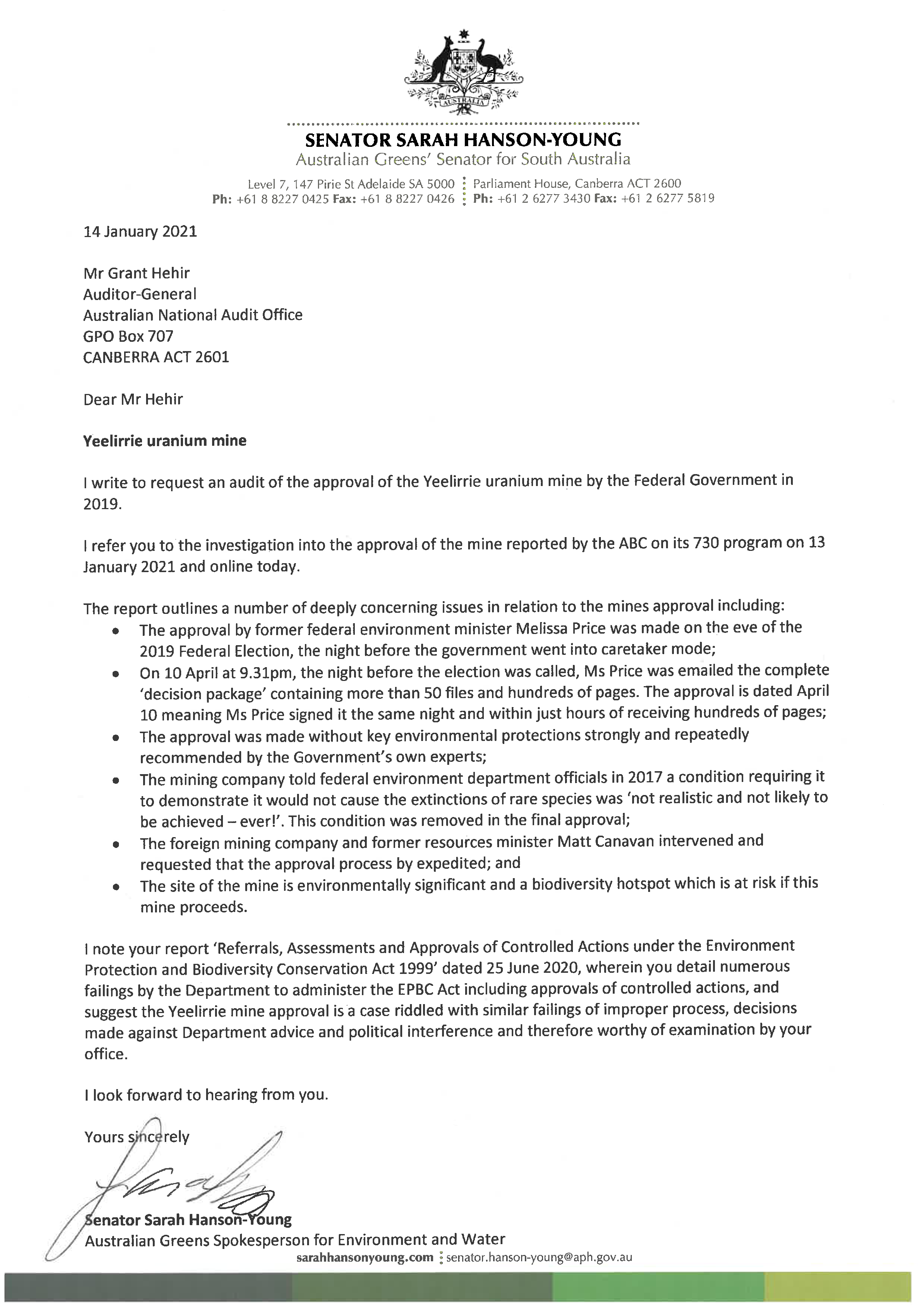 Correspondence from Senator Sarah Hanson-Young. Transcript contained below. 