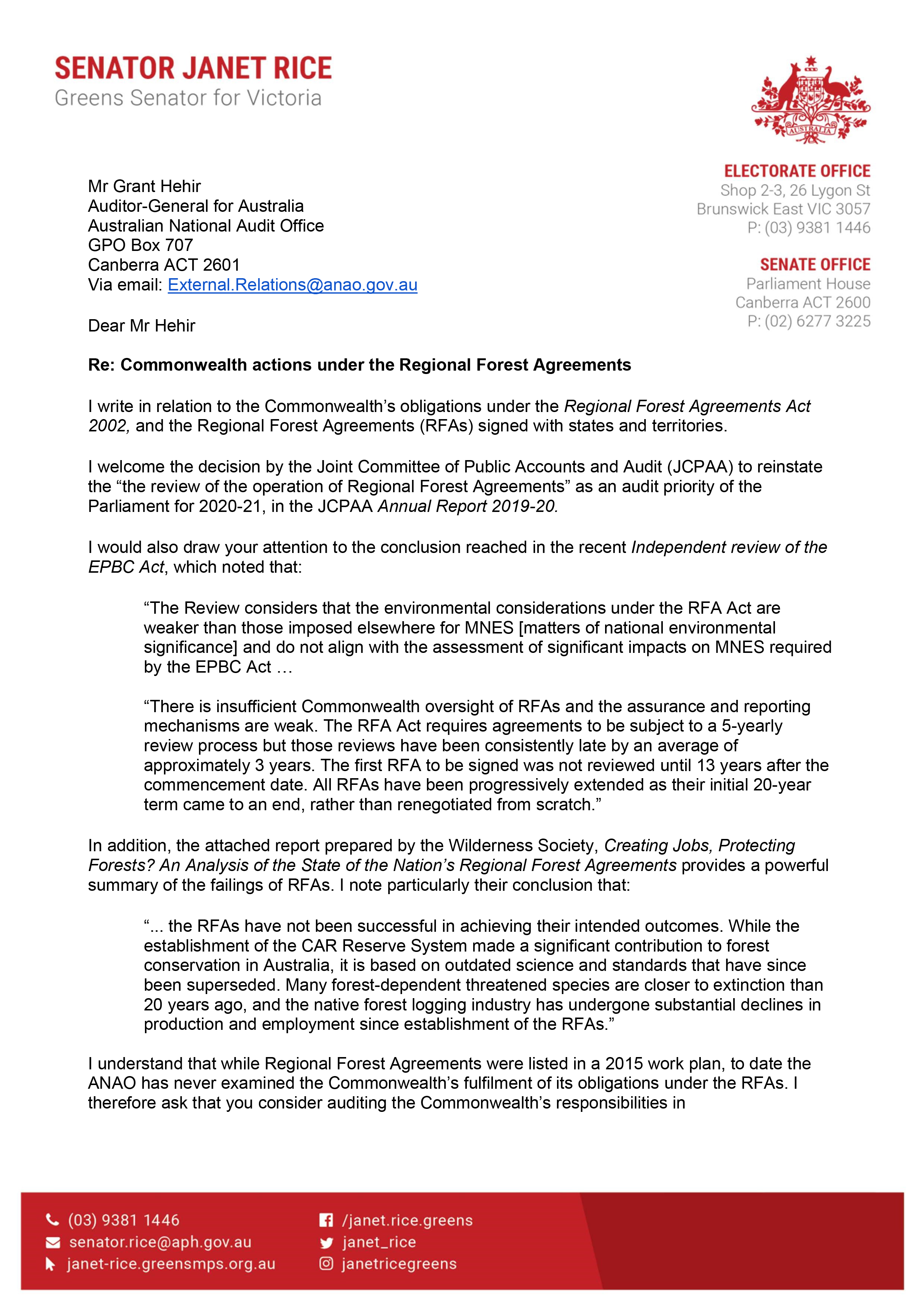 Page 1 of the correspondence from Senator Janet Rice. You can find a transcript of this correspondence on this page. Page 1 of the correspondence from Senator Janet Rice. You can find a transcript of this correspondence on this page.