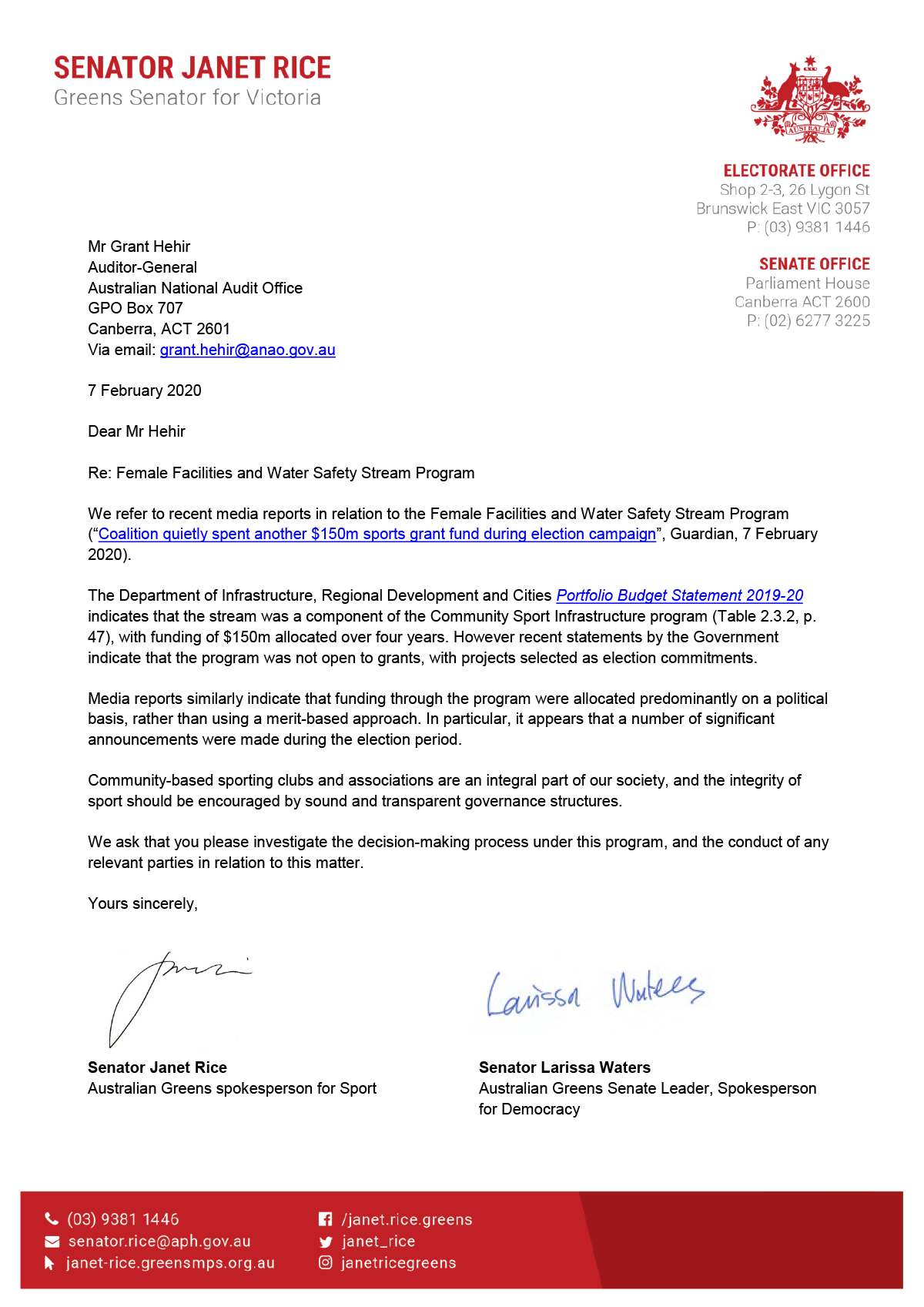 Request for audit from Senator Janet Rice Request for audit from Senator Janet Rice