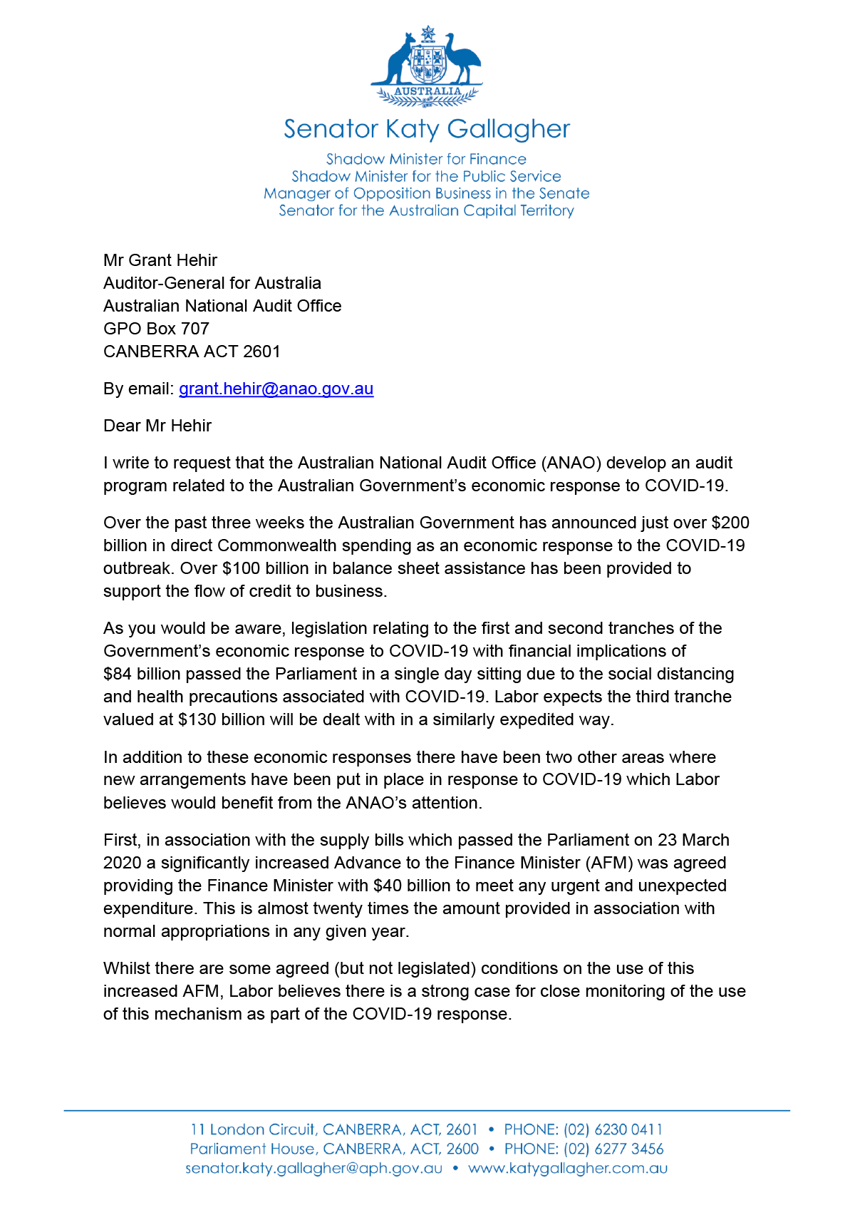 Page one of request from Senator Katy Gallagher Page one of request from Senator Katy Gallagher