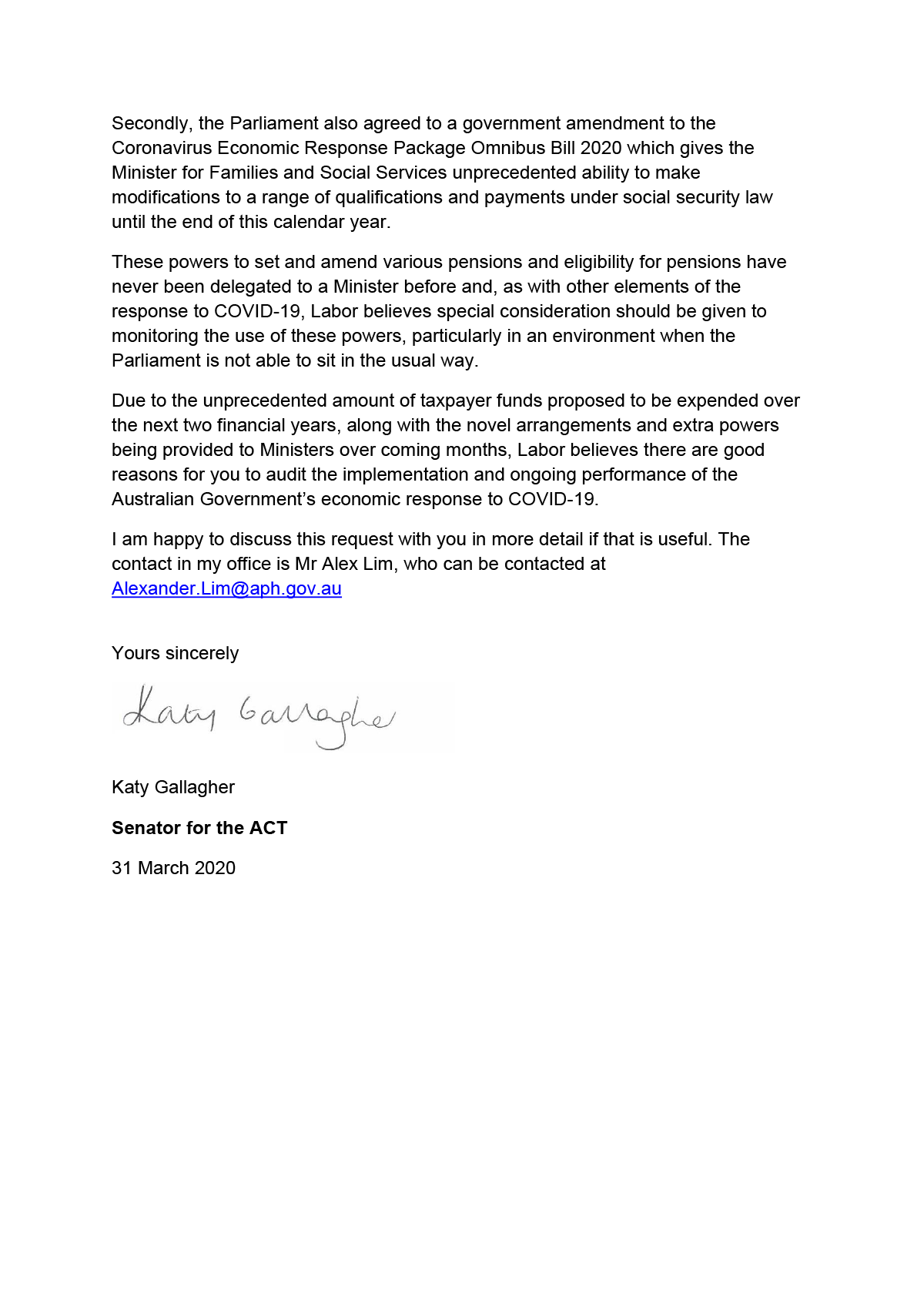 Page two of request from Senator Katy Gallagher Page two of request from Senator Katy Gallagher