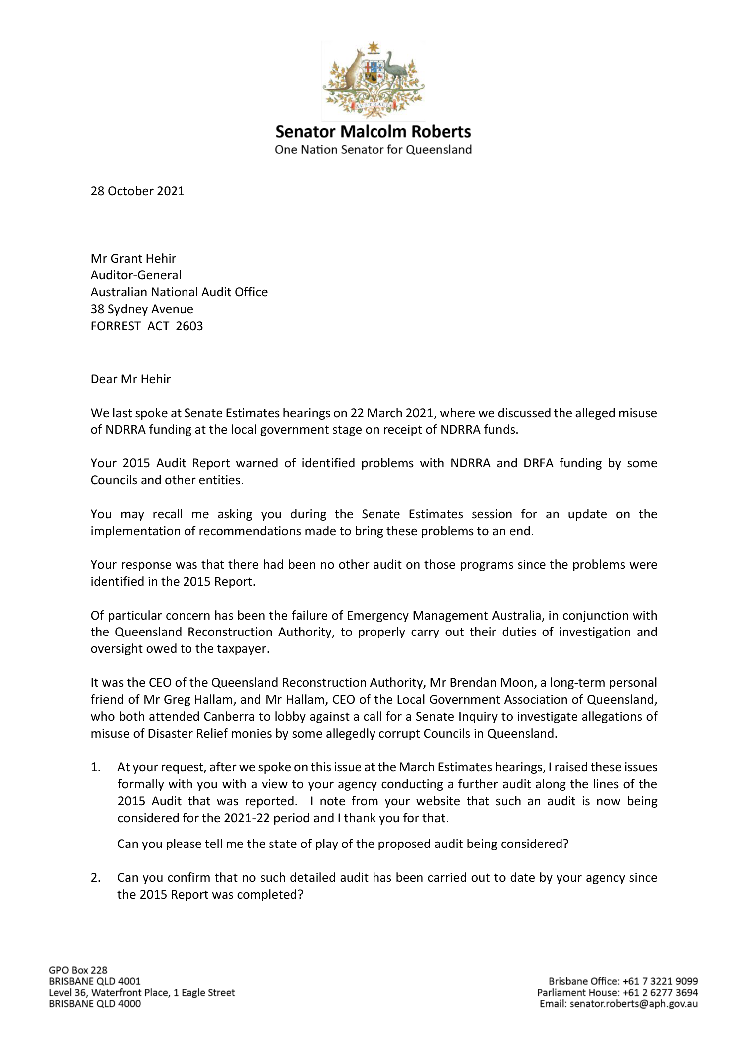 Page one of correspondence from Senator Malcolm Roberts. You can find a transcript of the correspondence on this page. Page one of correspondence from Senator Malcolm Roberts. You can find a transcript of the correspondence on this page.