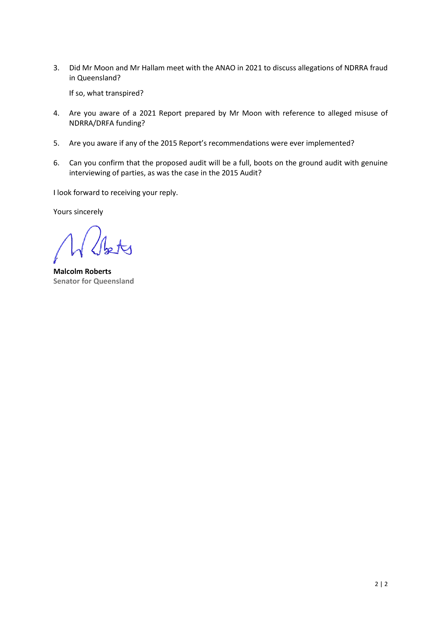 Page two of correspondence from Senator Malcolm Roberts. You can find a transcript of the correspondence on this page. Page two of correspondence from Senator Malcolm Roberts. You can find a transcript of the correspondence on this page.