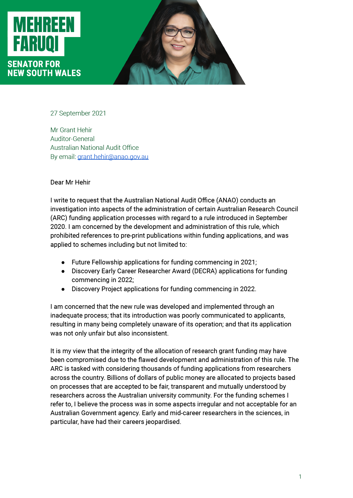 The first page of the correspondence from Senator Mehreen Faruqi. You can find a transcript of the correspondence on this page of the website. The first page of the correspondence from Senator Mehreen Faruqi. You can find a transcript of the correspondence on this page of the website.