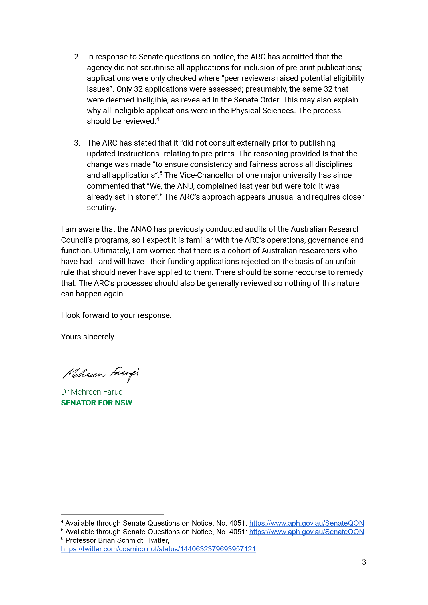 The third page of the correspondence from Senator Mehreen Faruqi. You can find a transcript of the correspondence on this page of the website. The third page of the correspondence from Senator Mehreen Faruqi. You can find a transcript of the correspondence on this page of the website.