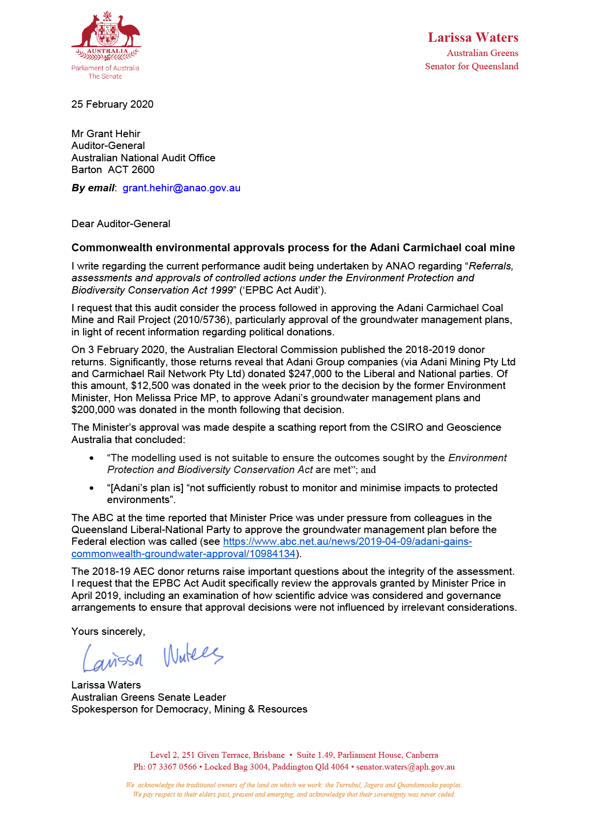 Correspondence from Senator Larissa Waters on 25 February 2020 Correspondence from Senator Larissa Waters on 25 February 2020