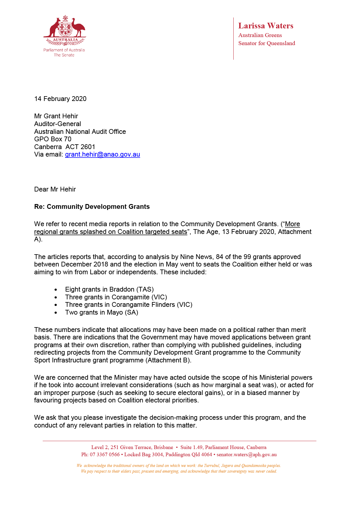 Page 1 of the correspondence from senators Larissa Waters and Janet Rice sent on 14 February 2020 Page 1 of the correspondence from senators Larissa Waters and Janet Rice sent on 14 February 2020