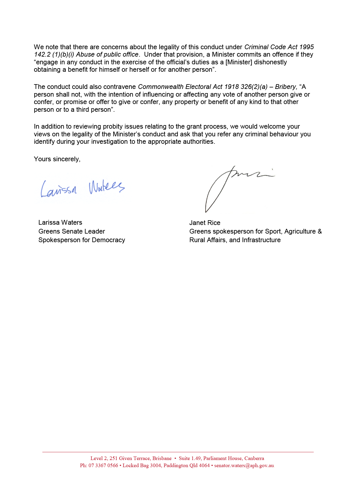 Page 2 of the correspondence from senators Larissa Waters and Janet Rice sent on 14 February 2020 Page 2 of the correspondence from senators Larissa Waters and Janet Rice sent on 14 February 2020