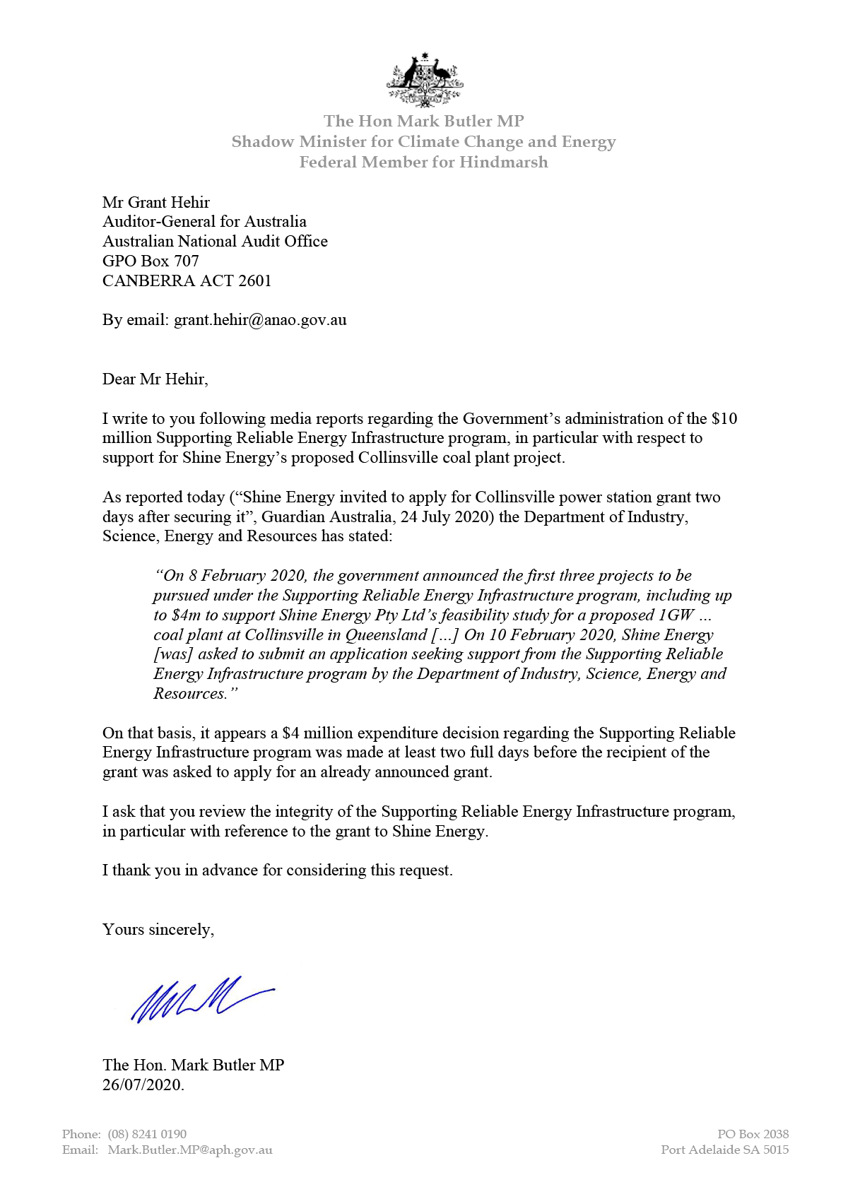 Correspondence from the Hon Mark Butler MP