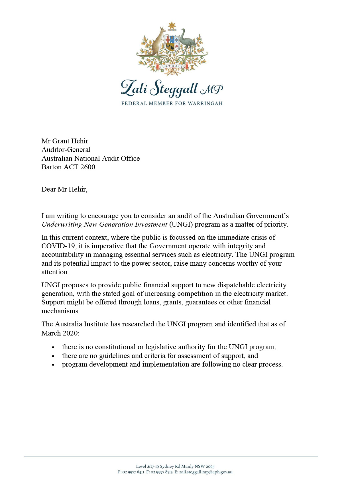 Page 1 of correspondence from Ms Zali Steggall OAM, MP about the Australian Government’s Underwriting New Generation Investment program Page 1 of correspondence from Ms Zali Steggall OAM, MP about the Australian Government’s Underwriting New Generation Investment program
