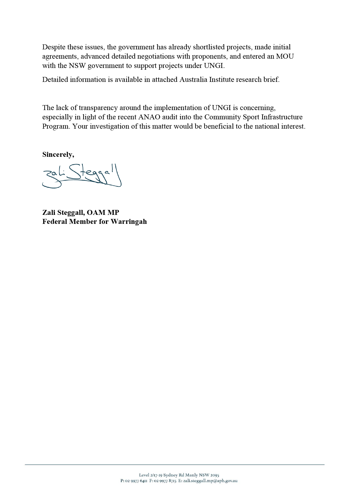 Page 2 of correspondence from Ms Zali Steggall OAM, MP about the Australian Government’s Underwriting New Generation Investment program Page 2 of correspondence from Ms Zali Steggall OAM, MP about the Australian Government’s Underwriting New Generation Investment program