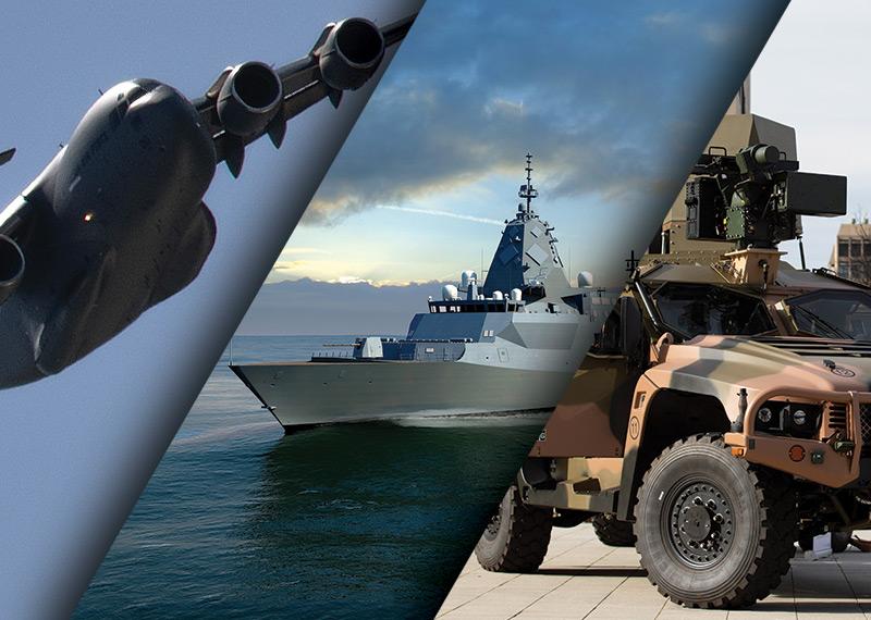 Image of a C-17A Globemaster, Hunter class frigate and Hawkei Protected Mobility Vehicle